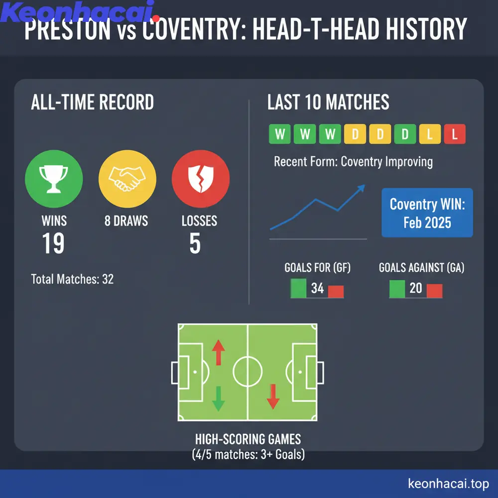 Lịch sử đối đầu giữa Preston và Coventry cho thấy Preston vẫn chiếm ưu thế với 6 chiến thắng, 2 trận hòa và chỉ để thua 2 trận trước Coventry