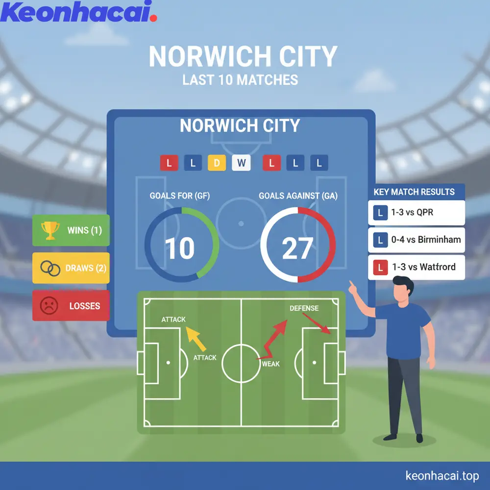Norwich City chỉ giành được vỏn vẹn 1 chiến thắng, 2 trận hòa và tới 7 thất bại trong 10 trận gần nhất