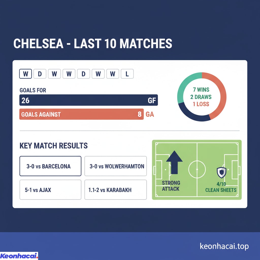 Trong 10 trận gần nhất Chelsea có tới 7 chiến thắng, 2 trận hòa và chỉ để thua duy nhất 1 trận