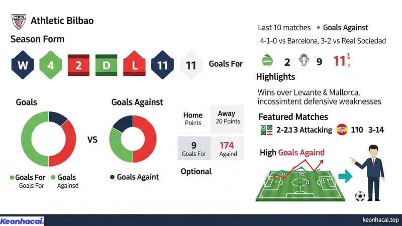 Athletic Bilbao giành được 4 chiến thắng, hòa 2 và để thua 4 trận trong 10 trận gần nhất