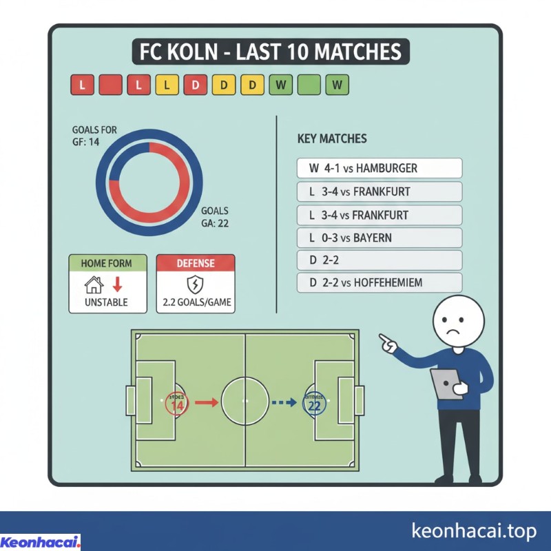 FC Koln chỉ giành được 2 chiến thắng, 2 trận hòa và phải nhận tới 6 thất bại trong 10 trận gần nhất