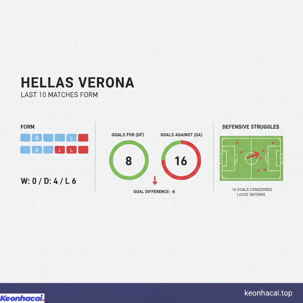 Hellas Verona không thể giành bất kỳ chiến thắng nào, với 4 trận hòa và 6 thất bại trong 10 trận gần nhất