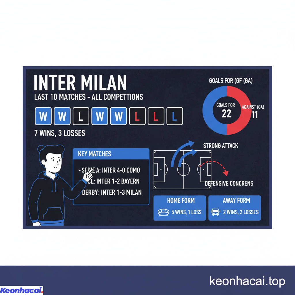 Inter Milan giành 7 chiến thắng và phải nhận 3 thất bại trong 10 trận gần nhất trên mọi đấu trường