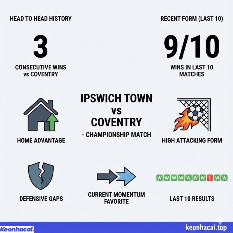 Infographic so sánh lịch sử đối đầu 3 trận toàn thắng của Ipswich Town và phong độ chuỗi 9 chiến thắng trong 10 trận gần đây của Coventry trên màn hình phân tích