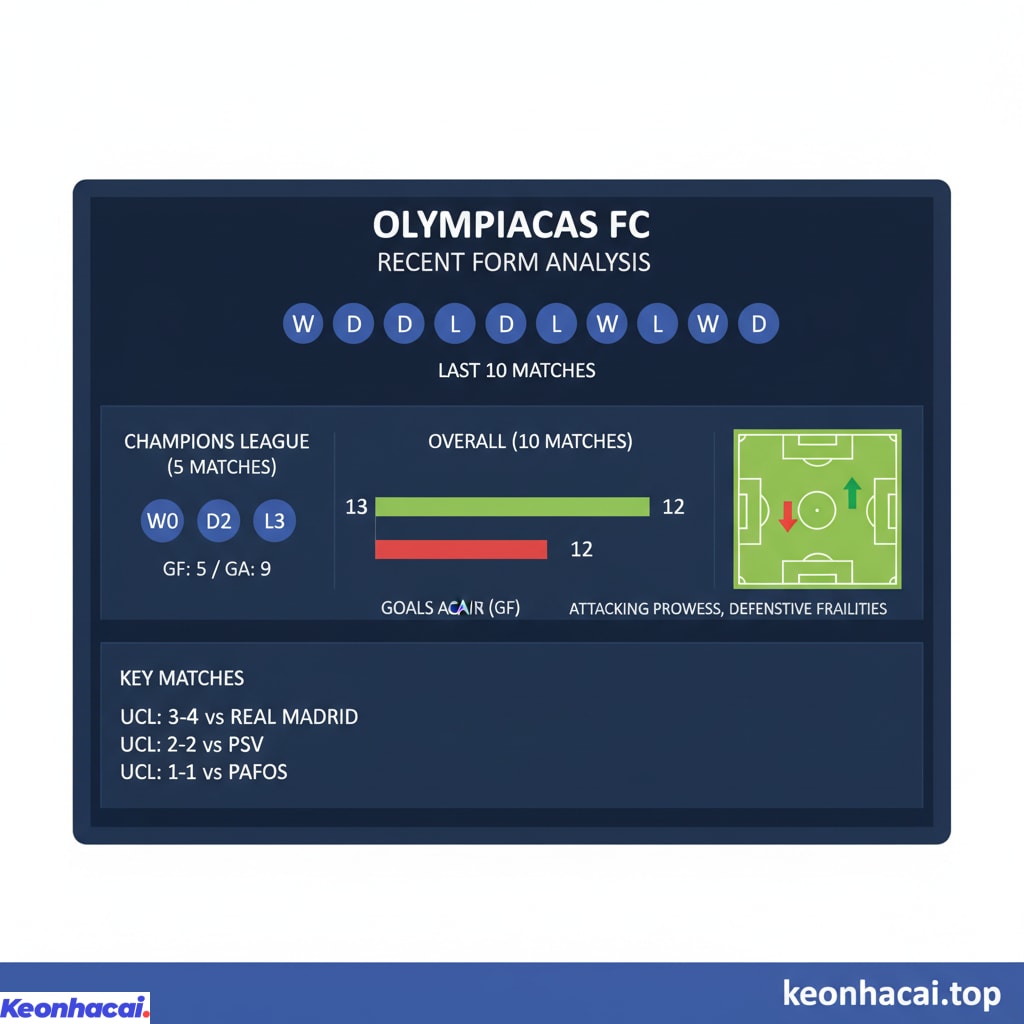 Olympiacos thắng 3, hòa 4 và thua 3 trong 10 trận đấu gần nhất bao gồm Europa League 2024-2025