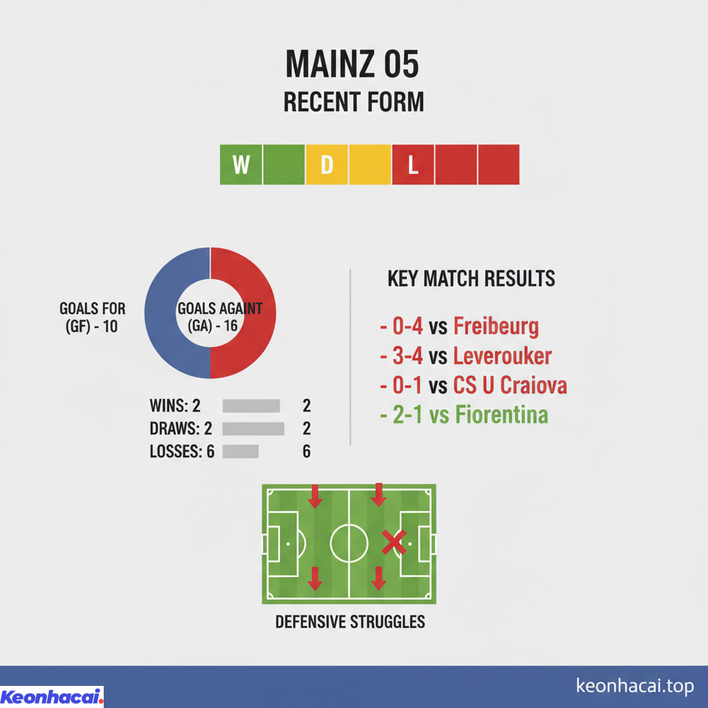Phong độ của Mainz 05 trong thời gian gần đây khá đáng lo ngại, với nhiều trận thua và hòa