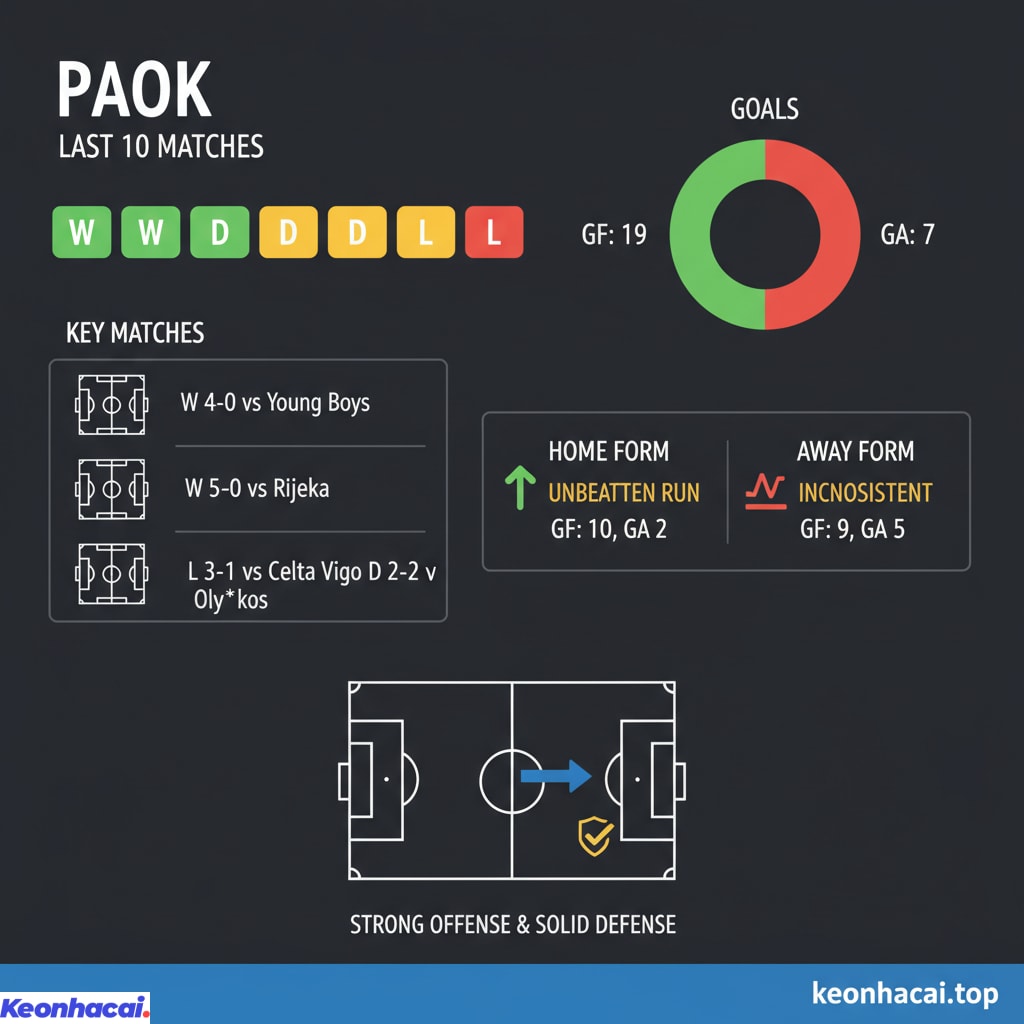 PAOK giành được 5 chiến thắng, 3 trận hòa và 2 thất bại trong 10 trận gần nhất