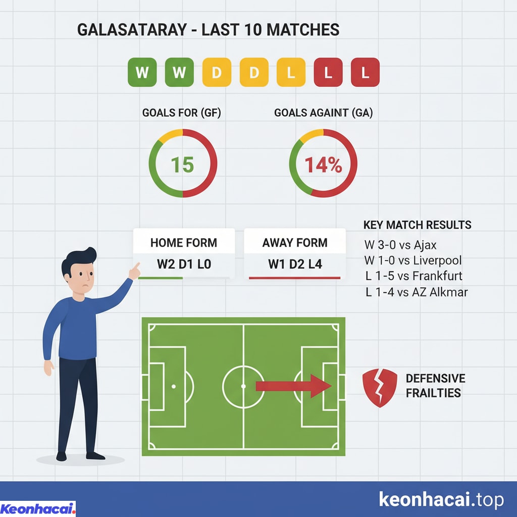Trong 10 trận đấu gần nhất bao gồm Champions League và Europa League thì Galatasaray  giành được 3 chiến thắng, hòa 3 và thua 4 trận