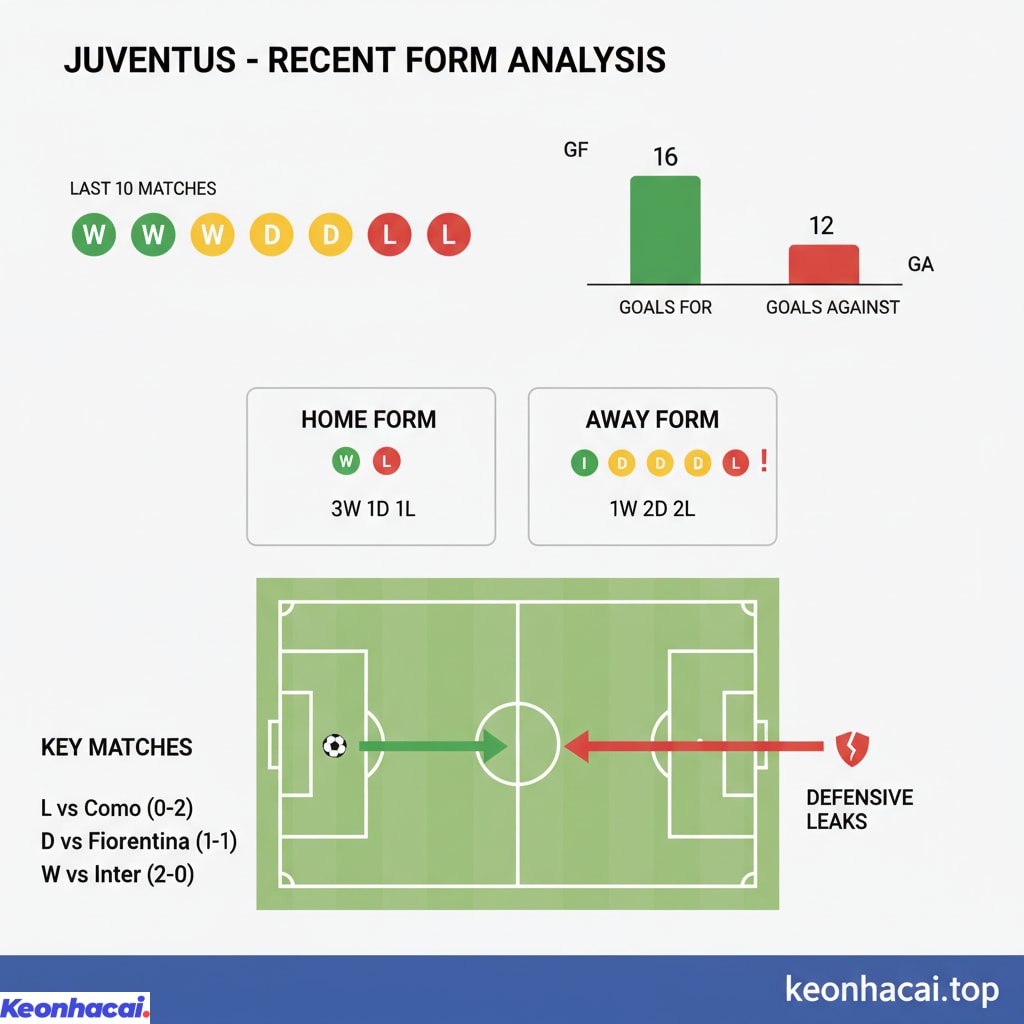 Trong 10 trận gần nhất, Juventus có 4 chiến thắng, 3 trận hòa và 3 thất bại