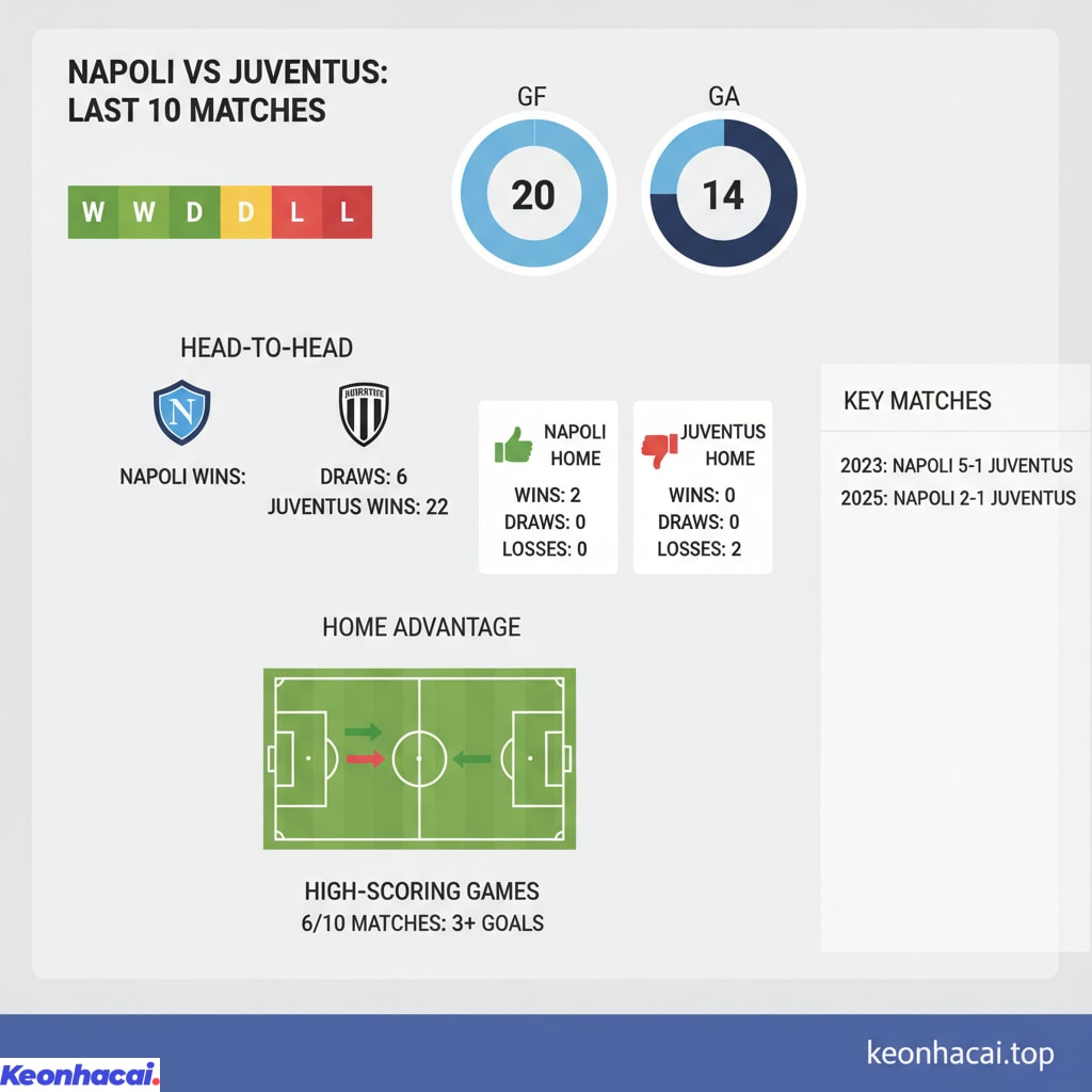 Napoli đang chiếm ưu thế rõ rệt với 6 chiến thắng, 2 trận hòa và chỉ để thua 2 trận trước Juventus trong 10 lần đối đầu gần nhất