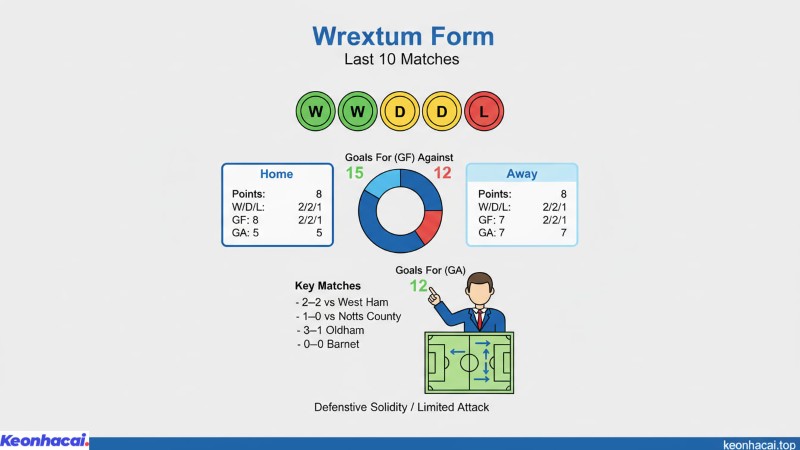 Trong 10 trận gần nhất Wrexham chỉ thua 2 trận, giành 4 chiến thắng và có tới 4 trận hòa