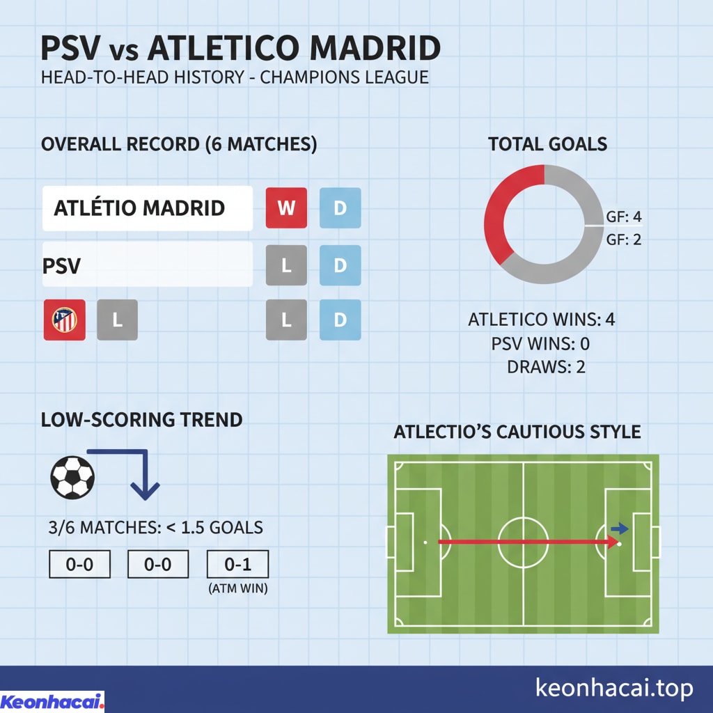 Atletico Madrid thắng 4/6 trận trong khi PSV chưa từng biết mùi chiến thắng trước đối thủ này