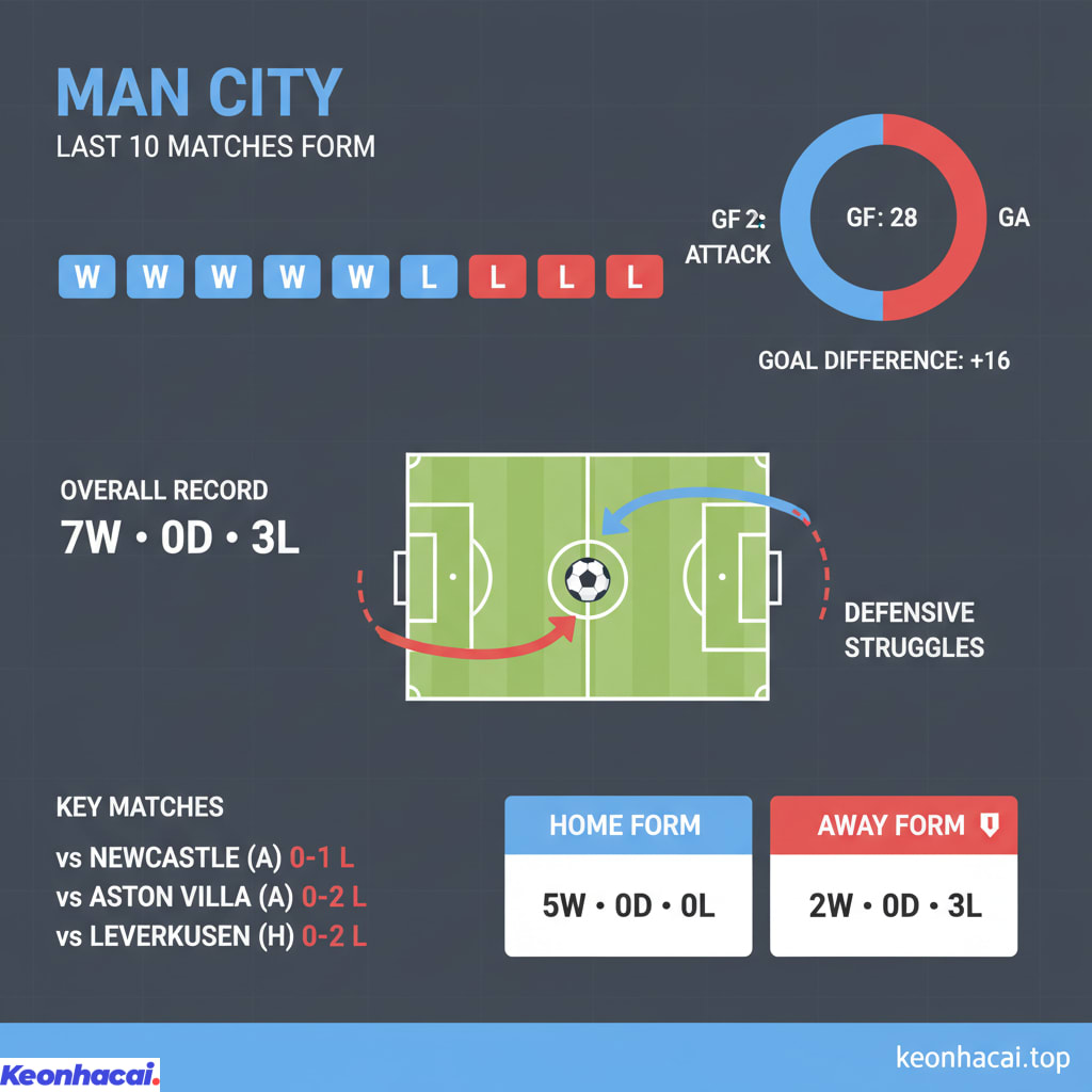 Man City đã thắng 7, thua 3 và không hòa trận nào trong 10 lần ra sân gần nhất