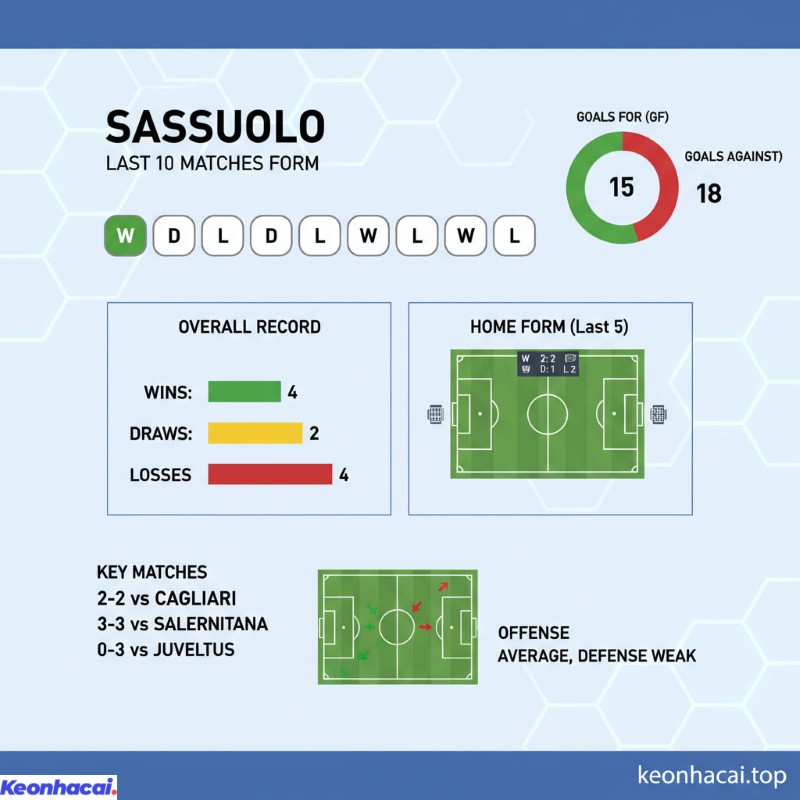 Trong 10 trận gần nhất, Sassuolo giành được 4 chiến thắng, 2 trận hòa và phải nhận 4 thất bại