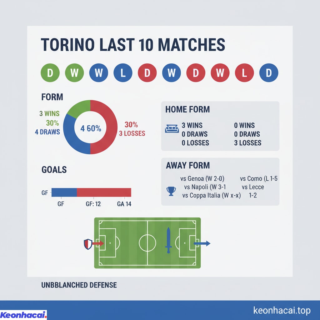 Torino chỉ giành được 3 chiến thắng, có tới 4 trận hòa và để thua 3 trận trong 10 trận đấu gần nhất trên mọi đấu trường