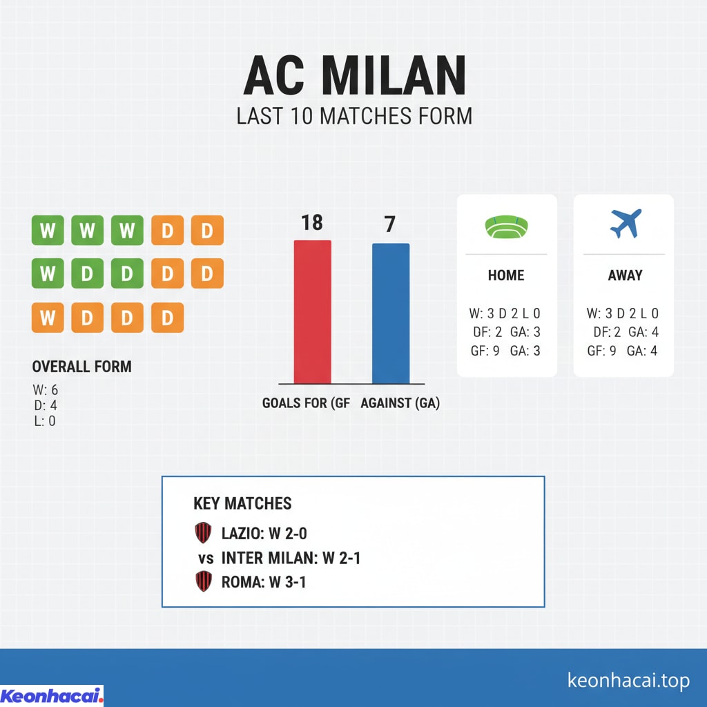 AC Milan duy trì chuỗi 10 trận bất bại trên mọi đấu trường với 6 chiến thắng và 4 trận hòa