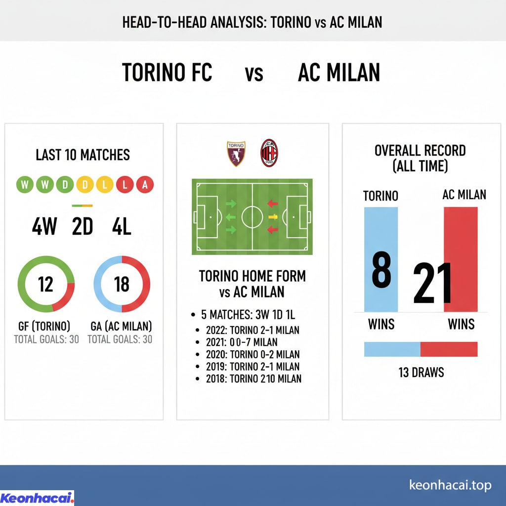 Torino đã giành 4 chiến thắng, hòa 2 và thua 4 trong 10 trận gần nhất đối đầu AC Milan