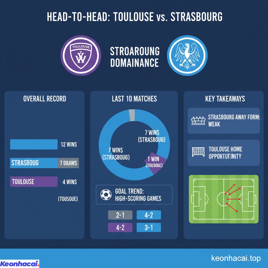 Lịch sử đối đầu cho thấy sự vượt trội đáng kể của Strasbourg với chiến thắng 12 trận, hòa 7 trận, trong khi Toulouse chỉ có 4 chiến thắng